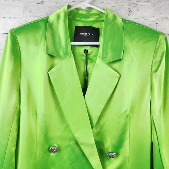 Retrofete Saige Double Breasted Blazer in Lime Punch Green Size Medium NWT Satin - Picture 4 of 12